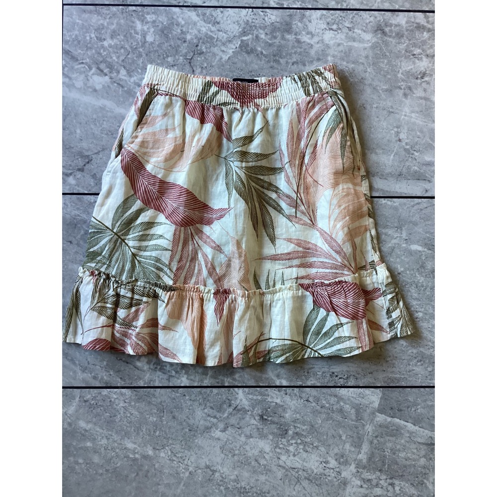 Tahari Womens XS Tropical Palm Leaf 100% Linen Ruffle Mini Skirt with Pockets